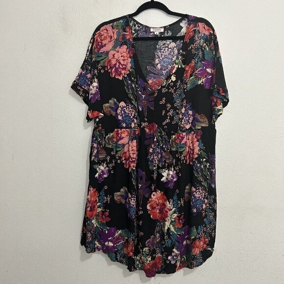 Andree By Unit Black Pink Floral Babydoll Dress Size 1X Short Sleeve V Neck - Picture 3 of 11